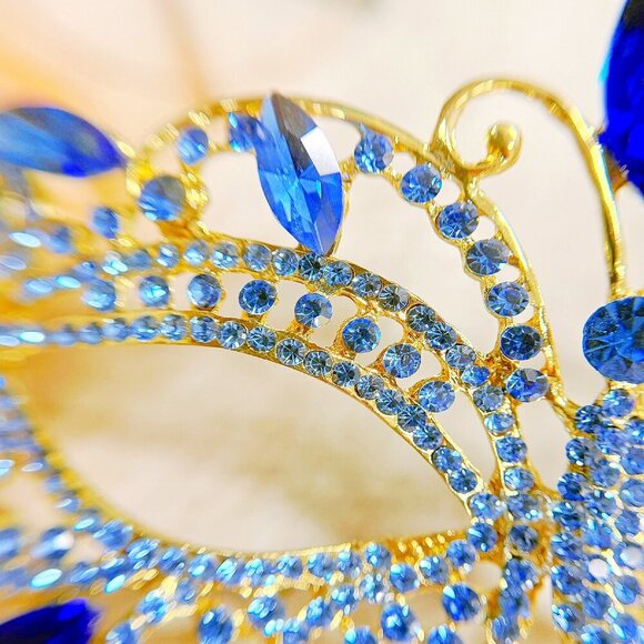 Blue Masquerade Mask, Met Gala Stick Mask, Gold Masquerade Ball Mask, Prom Mask - Picture 4 of 7